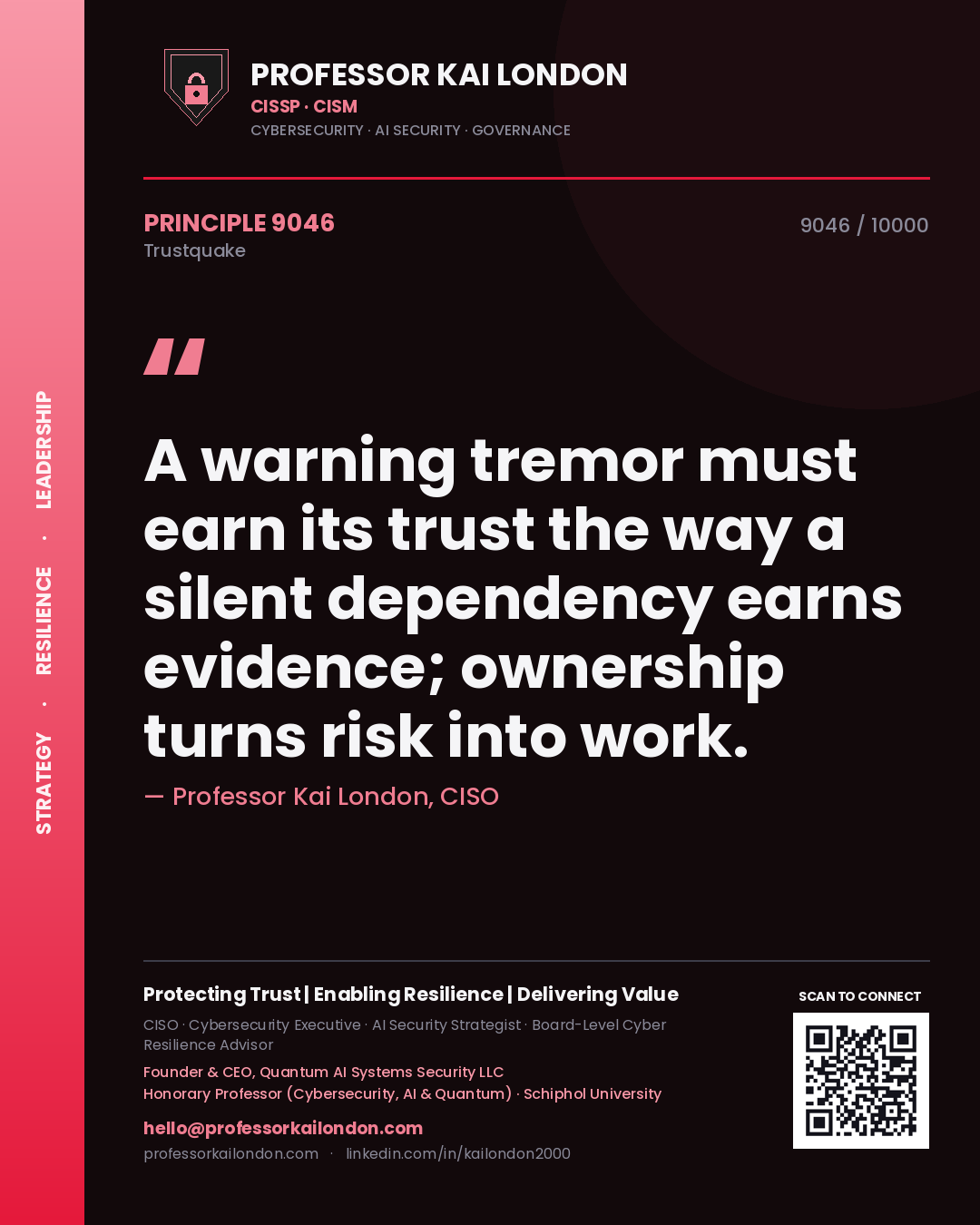Quote card by Professor Kai London reading 'A warning tremor must earn its trust the way a silent dependency earns evidence; ownership turns risk into work.'. From the book Trustquake.