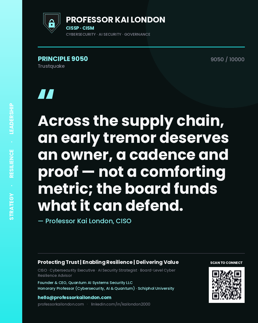 Quote card by Professor Kai London reading 'Across the supply chain, an early tremor deserves an owner, a cadence and proof — not a comforting metric; the board funds what it can defend.'. From the book Trustquake.