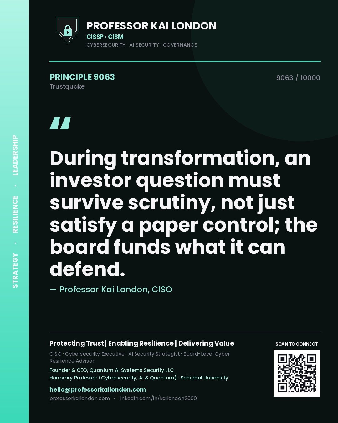 Quote card by Professor Kai London reading 'During transformation, an investor question must survive scrutiny, not just satisfy a paper control; the board funds what it can defend.'. From the book Trustquake.