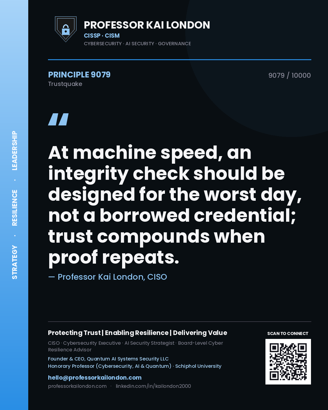Quote card by Professor Kai London reading 'At machine speed, an integrity check should be designed for the worst day, not a borrowed credential; trust compounds when proof repeats.'. From the book Trustquake.