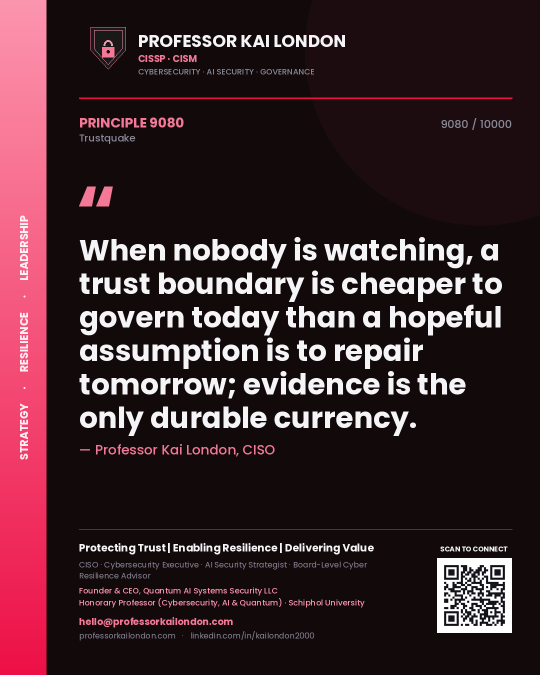 Quote card by Professor Kai London reading 'When nobody is watching, a trust boundary is cheaper to govern today than a hopeful assumption is to repair tomorrow; evidence is the only durable currency.'. From the book Trustquake.