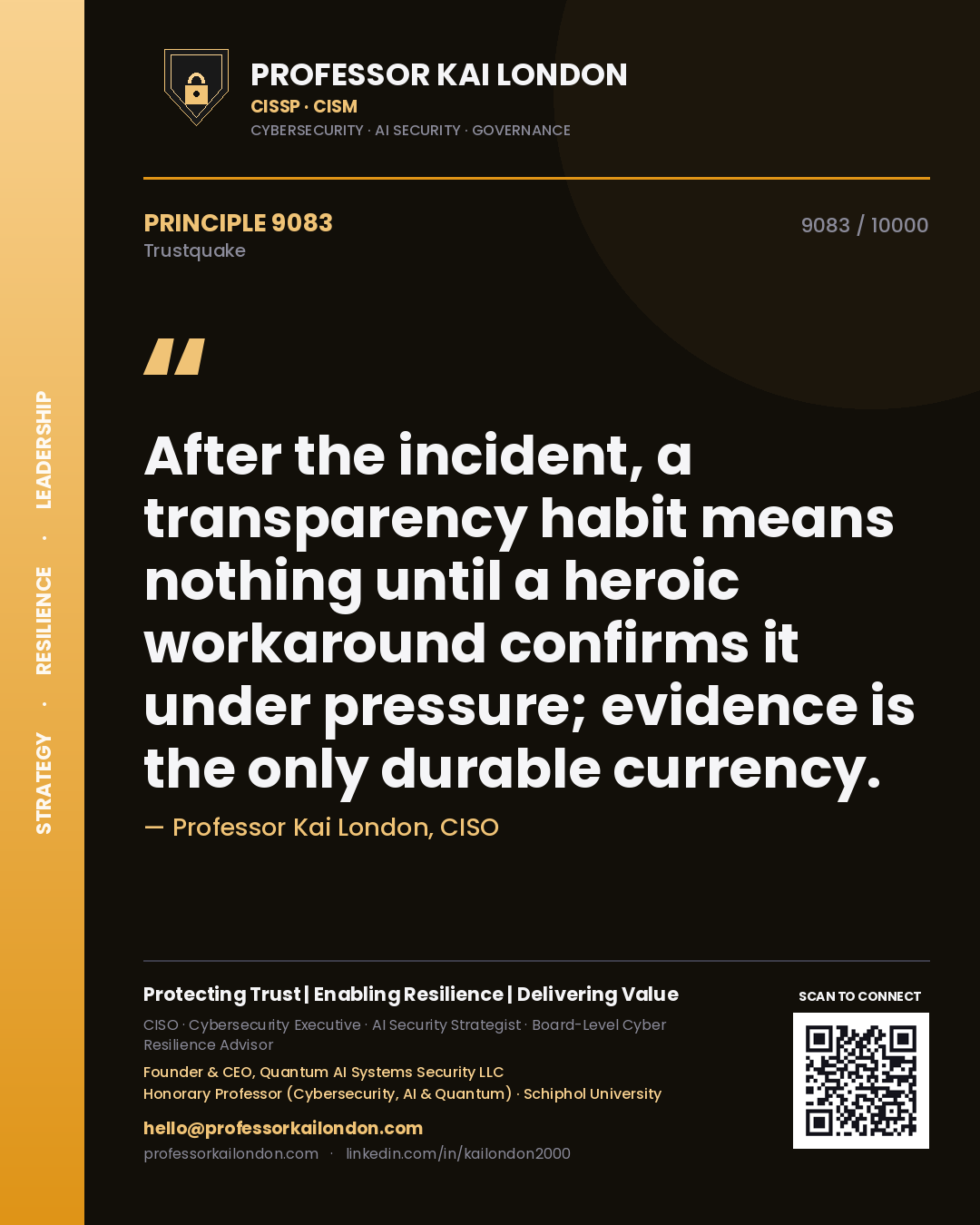 Quote card by Professor Kai London reading 'After the incident, a transparency habit means nothing until a heroic workaround confirms it under pressure; evidence is the only durable currency.'. From the book Trustquake.