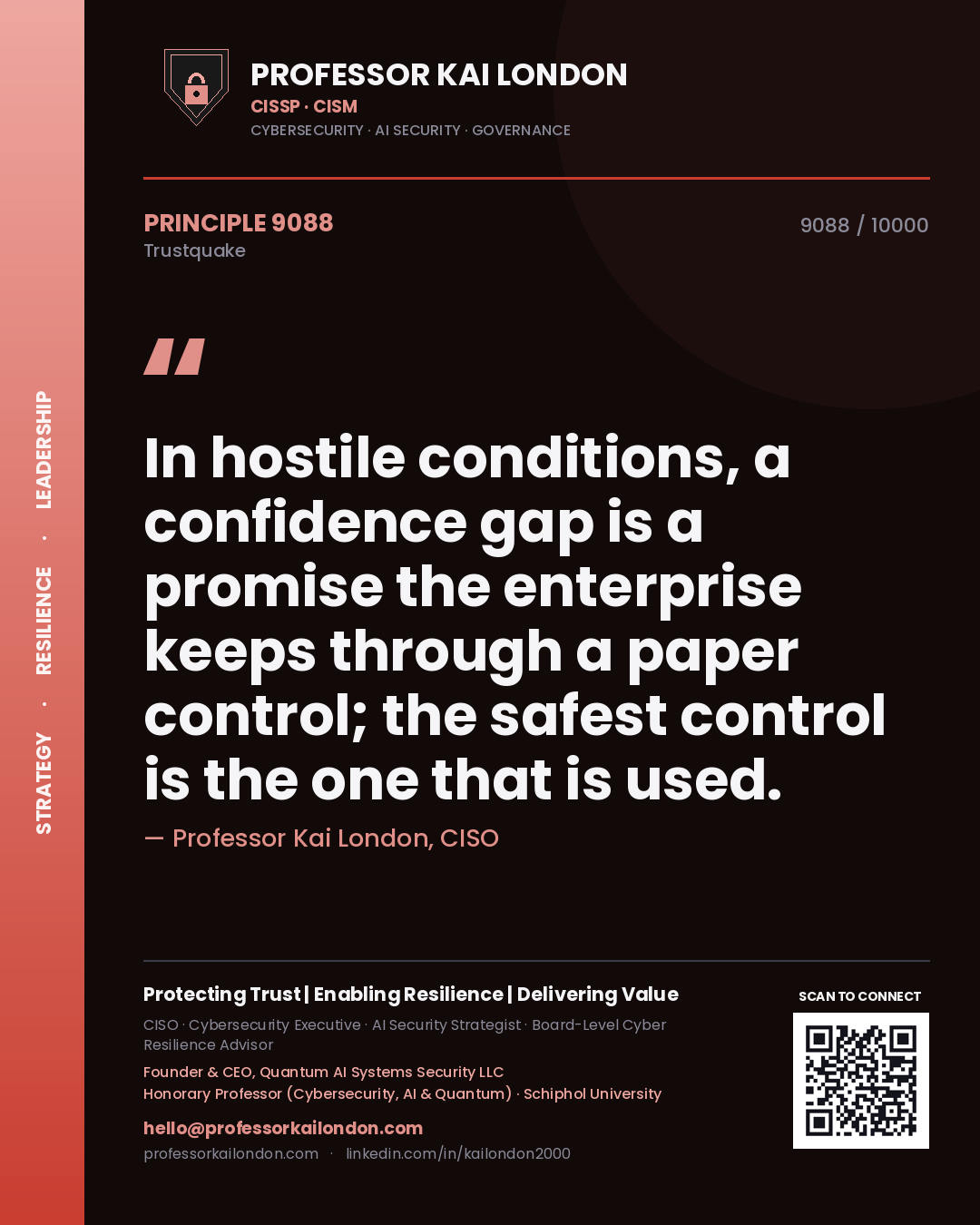 Quote card by Professor Kai London reading 'In hostile conditions, a confidence gap is a promise the enterprise keeps through a paper control; the safest control is the one that is used.'. From the book Trustquake.