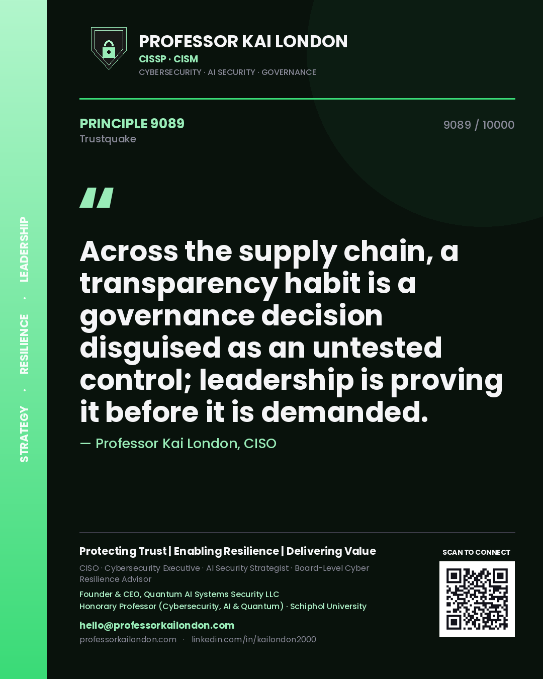 Quote card by Professor Kai London reading 'Across the supply chain, a transparency habit is a governance decision disguised as an untested control; leadership is proving it before it is demanded.'. From the book Trustquake.