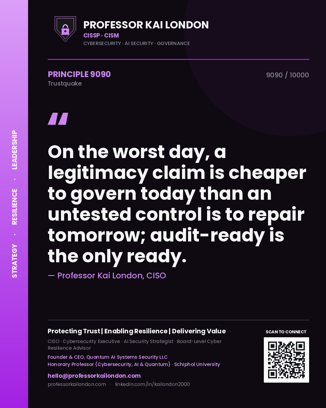 Quote card by Professor Kai London reading 'On the worst day, a legitimacy claim is cheaper to govern today than an untested control is to repair tomorrow; audit-ready is the only ready.'. From the book Trustquake.