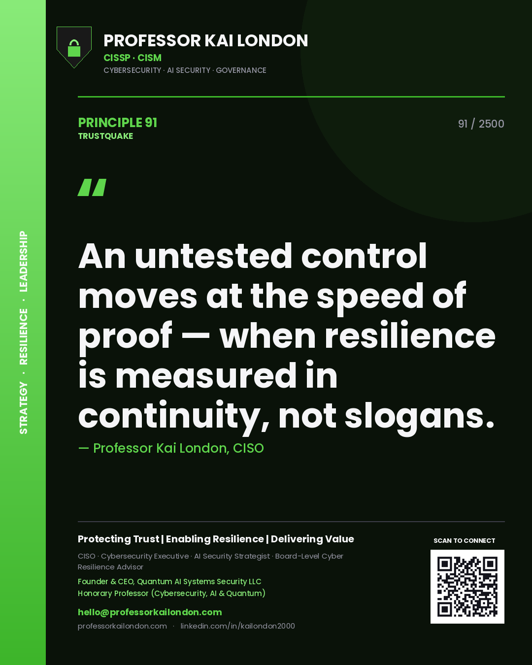 Quote card by Professor Kai London reading 'An untested control moves at the speed of proof — when resilience is measured in continuity, not slogans.'. From the book Trustquake.