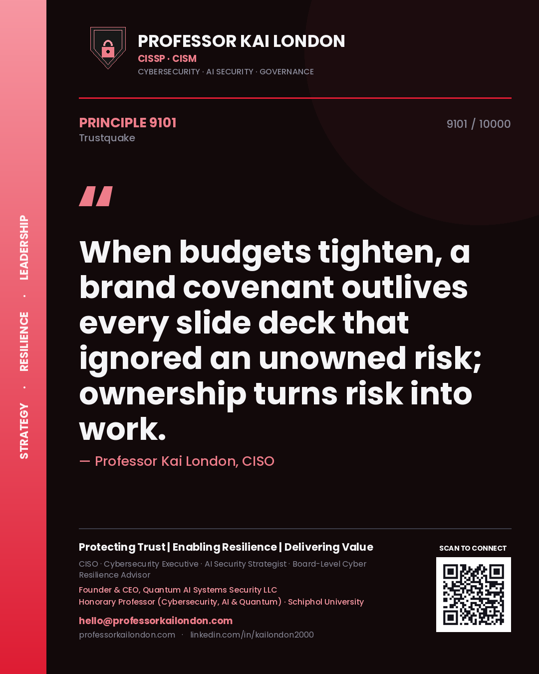 Professor Kai London principle 9101: When budgets tighten, a brand covenant outlives every slide deck that ignored an unowned risk; ownership turns risk into work.