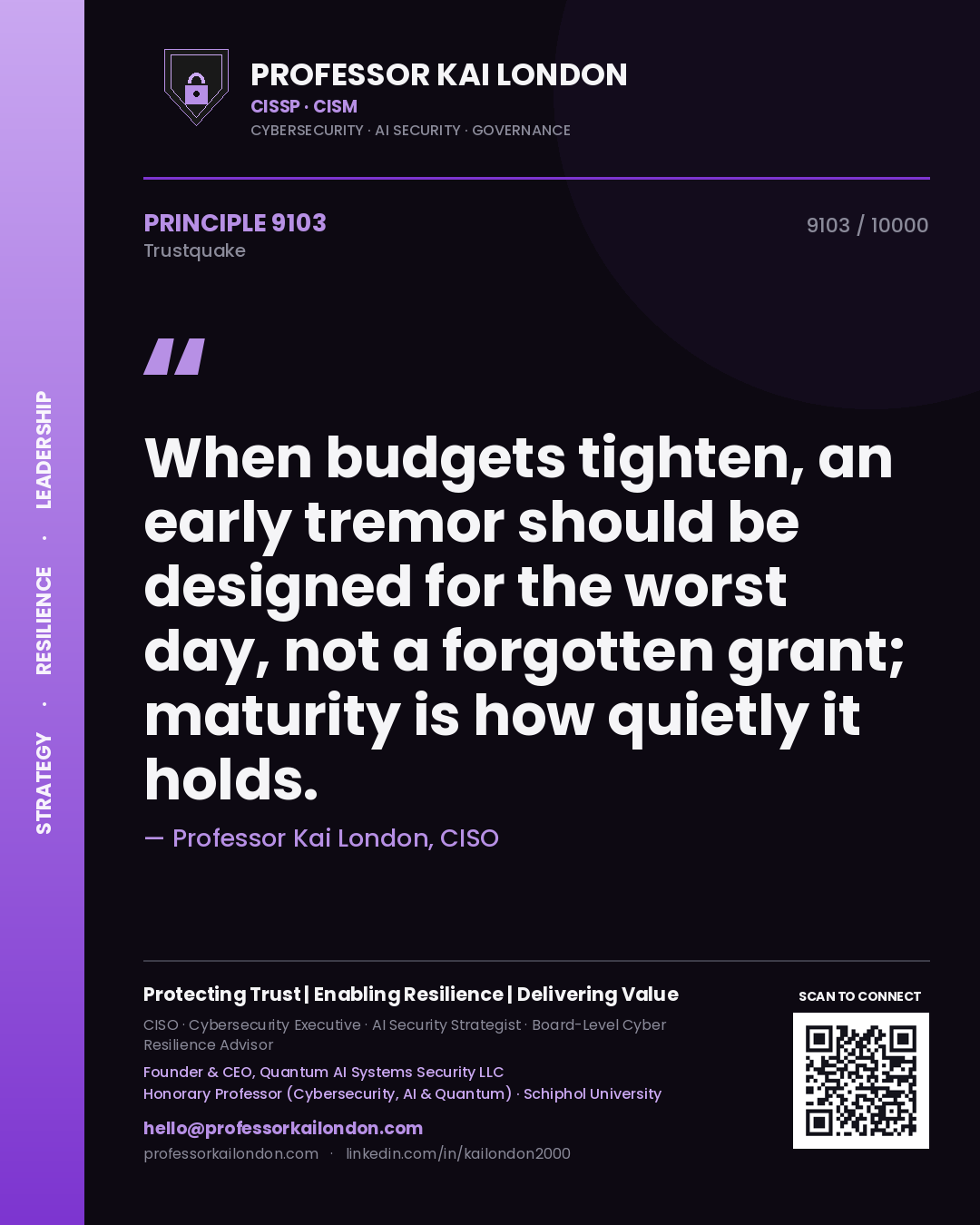 Professor Kai London principle 9103: When budgets tighten, an early tremor should be designed for the worst day, not a forgotten grant; maturity is how quietly it holds.