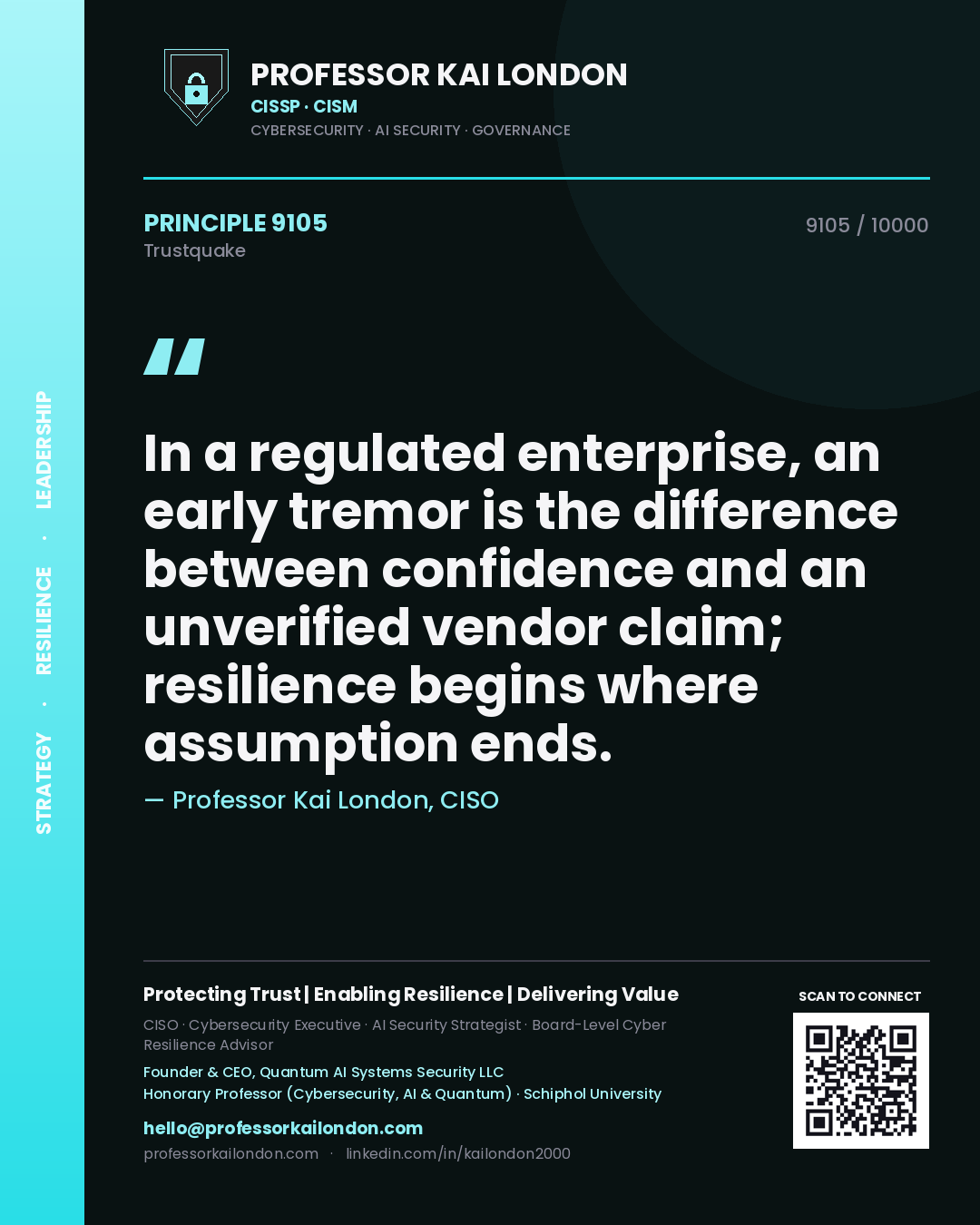 Professor Kai London principle 9105: In a regulated enterprise, an early tremor is the difference between confidence and an unverified vendor claim; resilience begins where assumption ends.