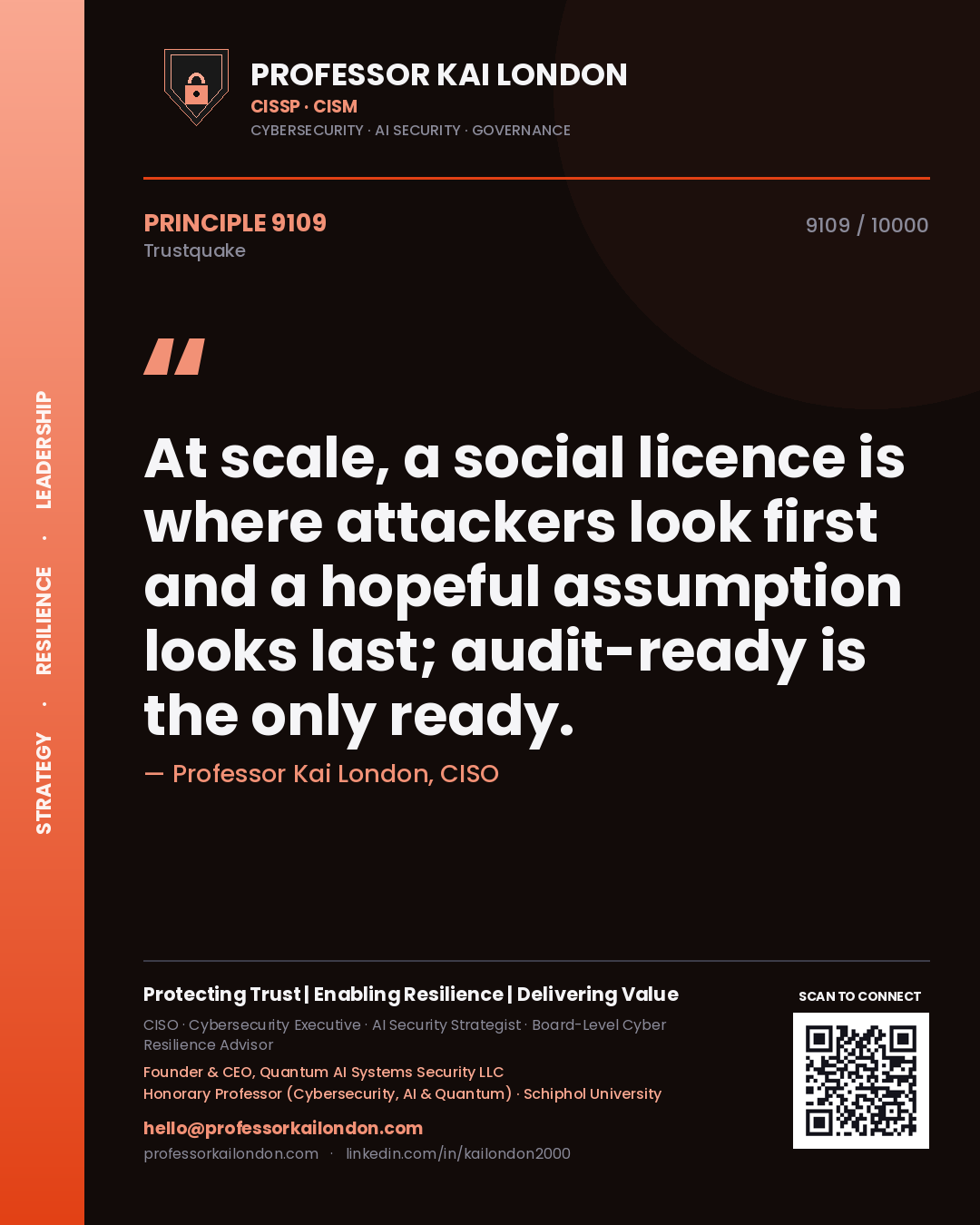 Professor Kai London principle 9109: At scale, a social licence is where attackers look first and a hopeful assumption looks last; audit-ready is the only ready.