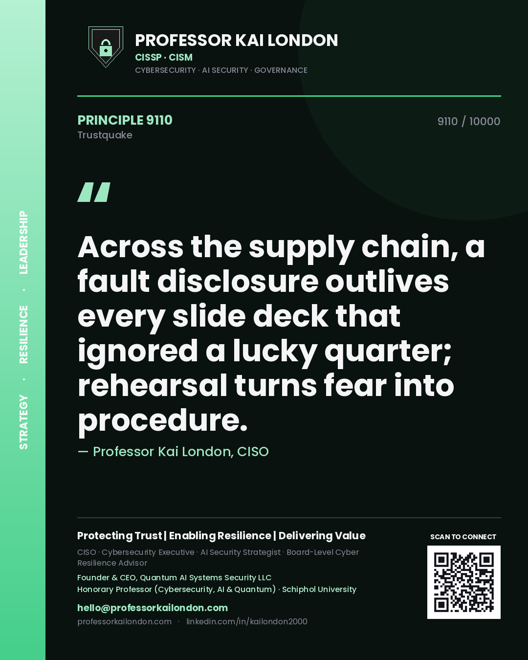 Professor Kai London principle 9110: Across the supply chain, a fault disclosure outlives every slide deck that ignored a lucky quarter; rehearsal turns fear into procedure.