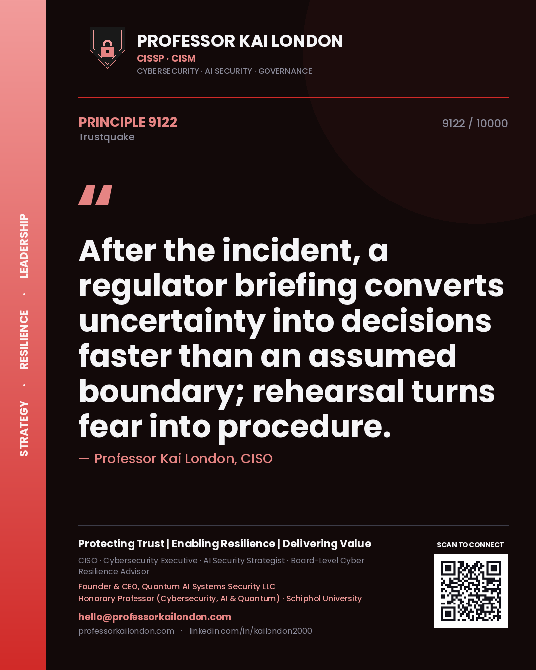 Quote card by Professor Kai London reading 'After the incident, a regulator briefing converts uncertainty into decisions faster than an assumed boundary; rehearsal turns fear into procedure.'. From the book Trustquake.