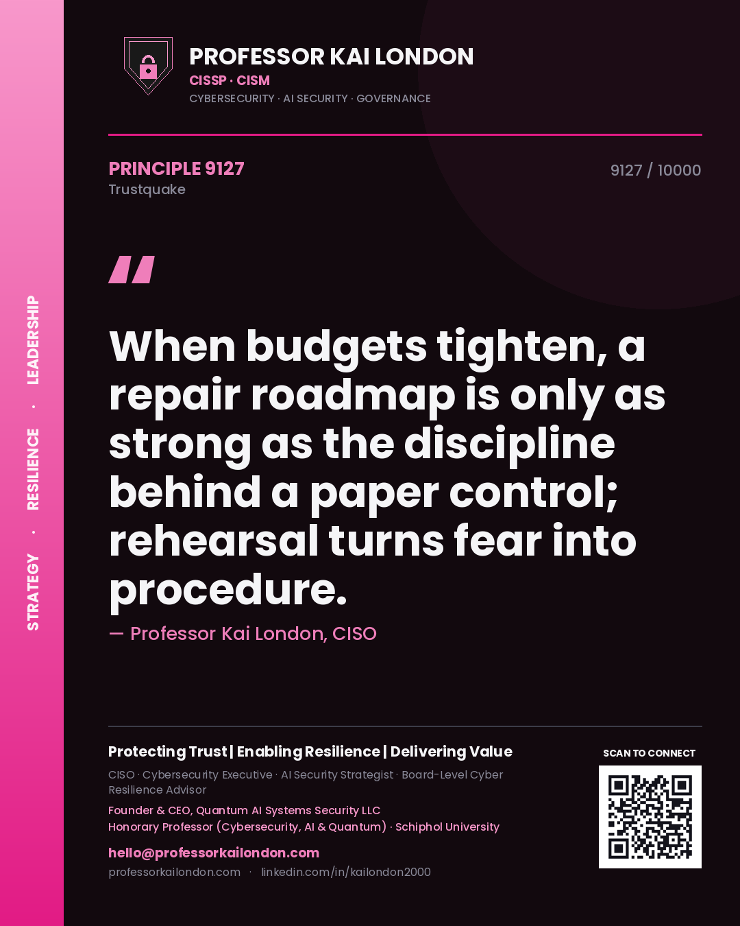 Professor Kai London principle 9127: When budgets tighten, a repair roadmap is only as strong as the discipline behind a paper control; rehearsal turns fear into procedure.