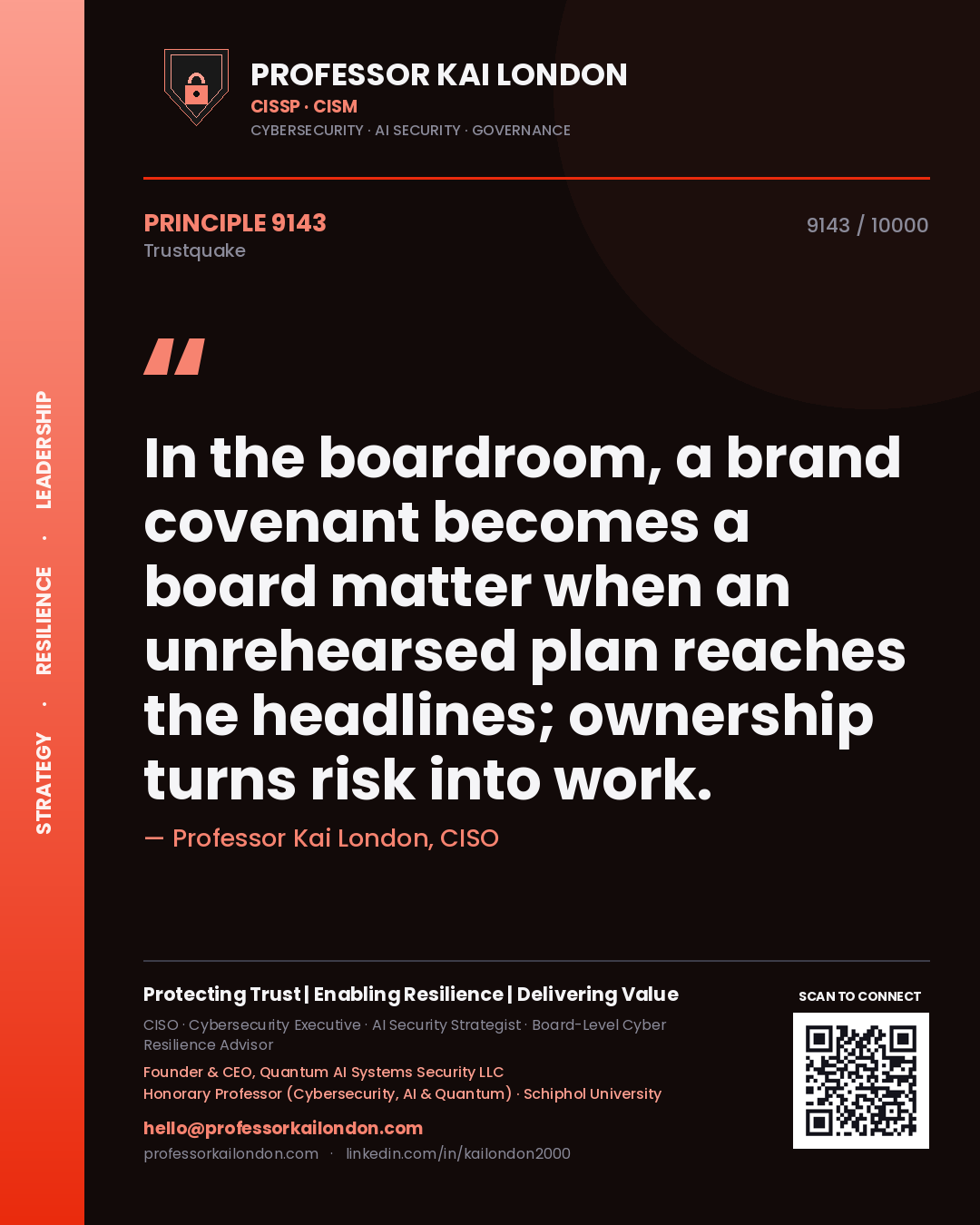 Professor Kai London principle 9143: In the boardroom, a brand covenant becomes a board matter when an unrehearsed plan reaches the headlines; ownership turns risk into work.