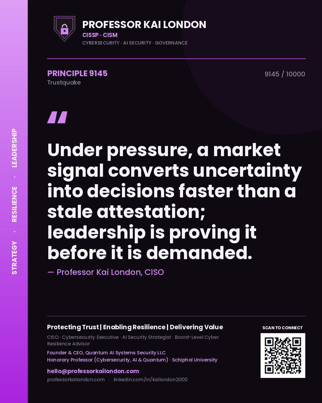 Quote card by Professor Kai London reading 'Under pressure, a market signal converts uncertainty into decisions faster than a stale attestation; leadership is proving it before it is demanded.'. From the book Trustquake.
