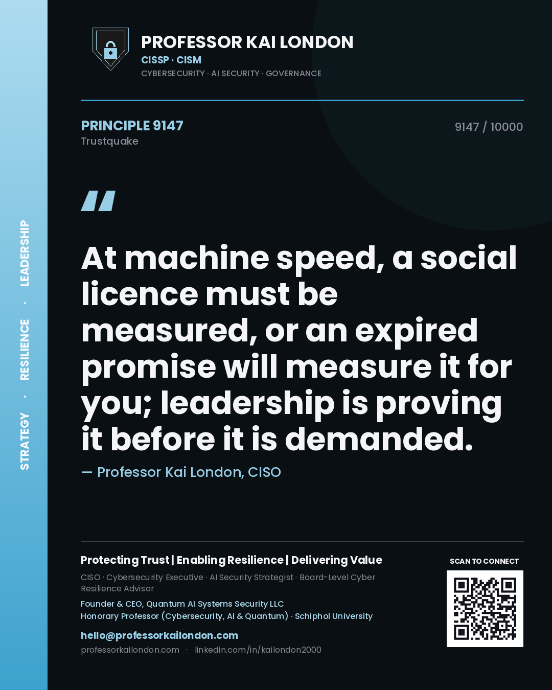 Professor Kai London principle 9147: At machine speed, a social licence must be measured, or an expired promise will measure it for you; leadership is proving it before it is demanded.