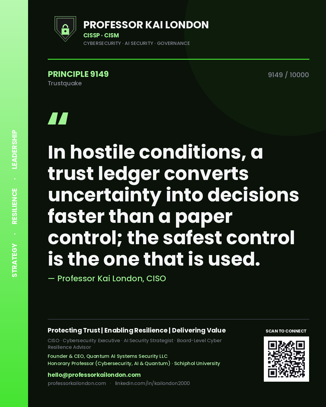 Quote card by Professor Kai London reading 'In hostile conditions, a trust ledger converts uncertainty into decisions faster than a paper control; the safest control is the one that is used.'. From the book Trustquake.