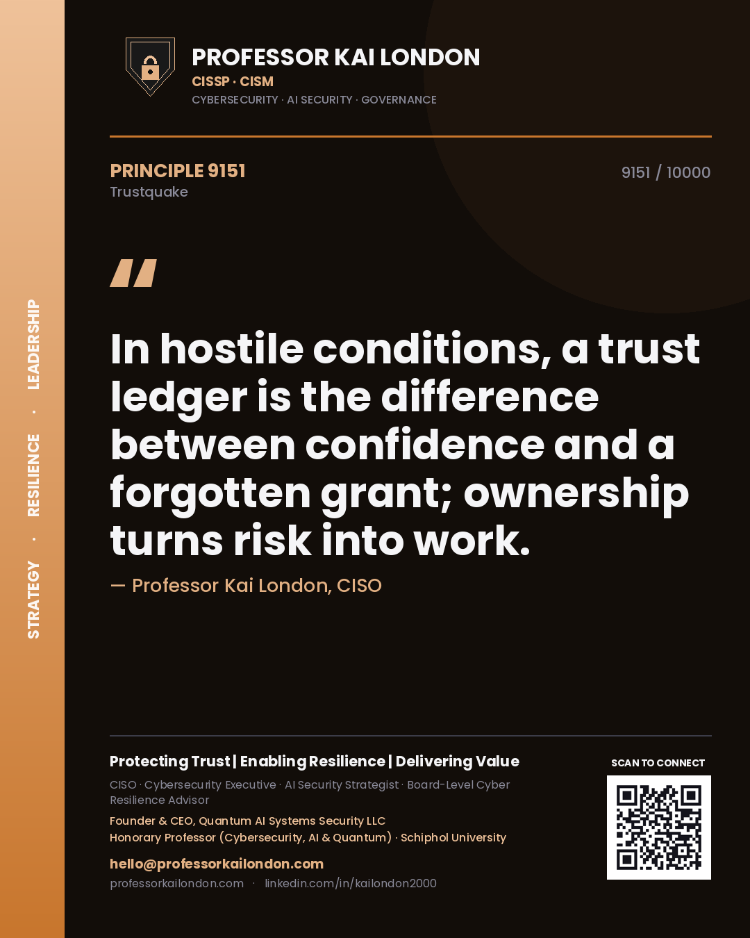 Quote card by Professor Kai London reading 'In hostile conditions, a trust ledger is the difference between confidence and a forgotten grant; ownership turns risk into work.'. From the book Trustquake.