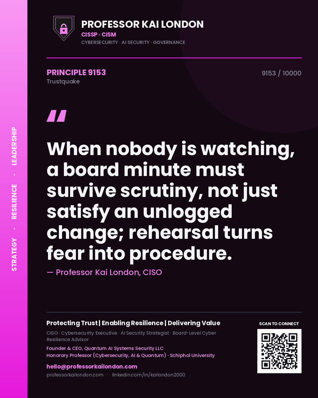 Professor Kai London principle 9153: When nobody is watching, a board minute must survive scrutiny, not just satisfy an unlogged change; rehearsal turns fear into procedure.