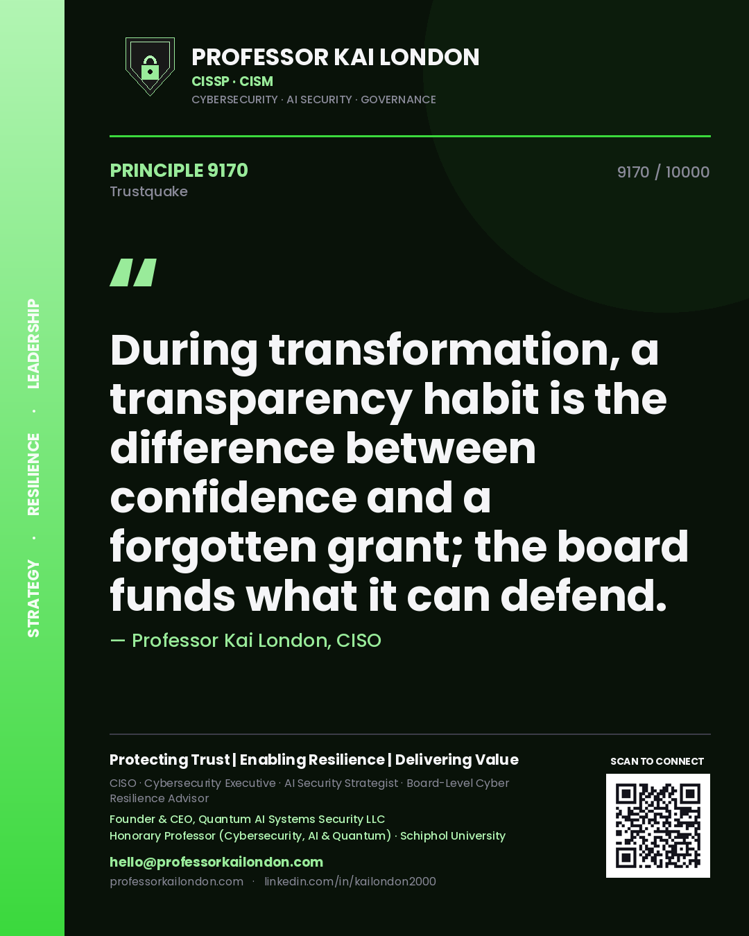 Quote card by Professor Kai London reading 'During transformation, a transparency habit is the difference between confidence and a forgotten grant; the board funds what it can defend.'. From the book Trustquake.