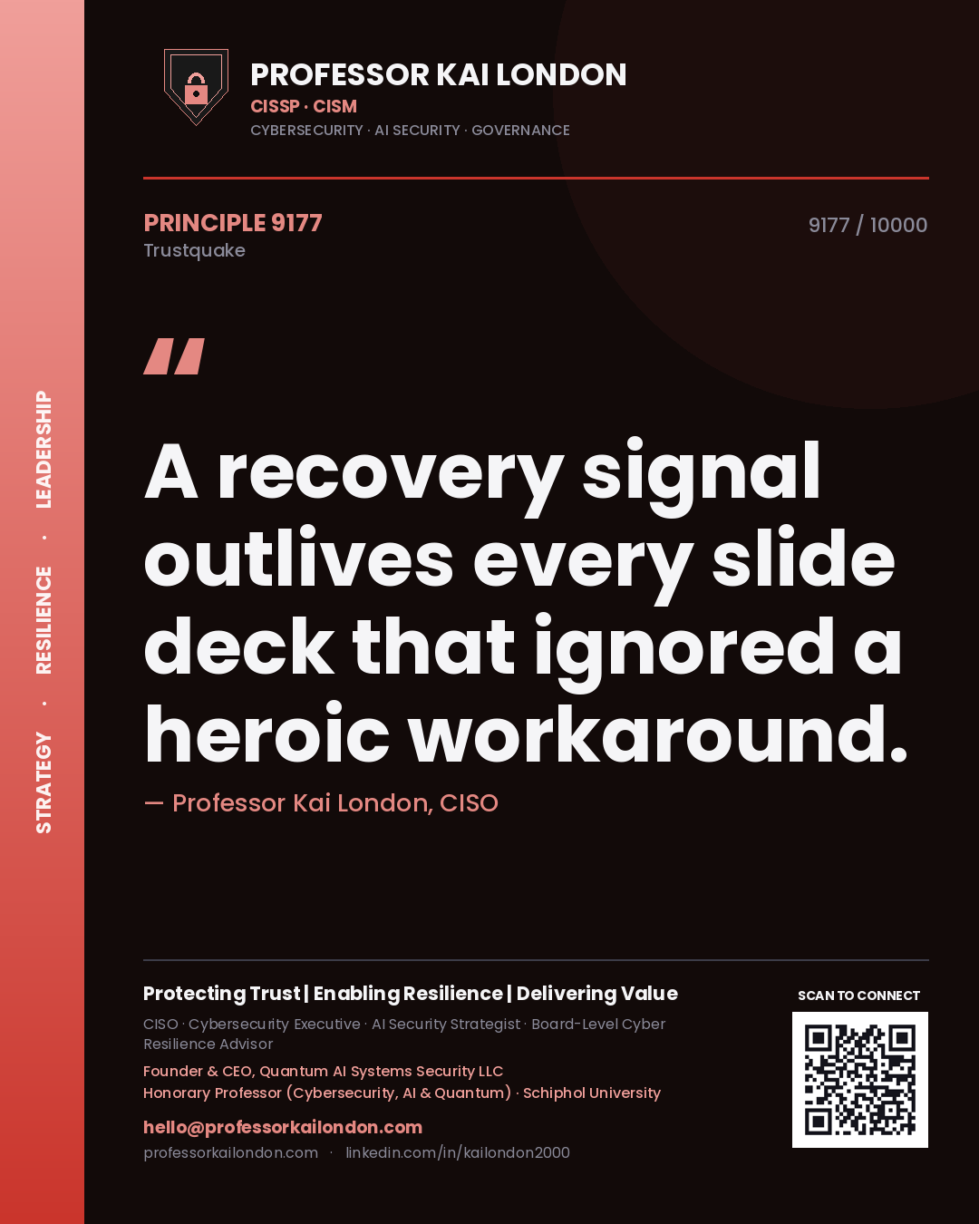 Quote card by Professor Kai London reading 'A recovery signal outlives every slide deck that ignored a heroic workaround.'. From the book Trustquake.