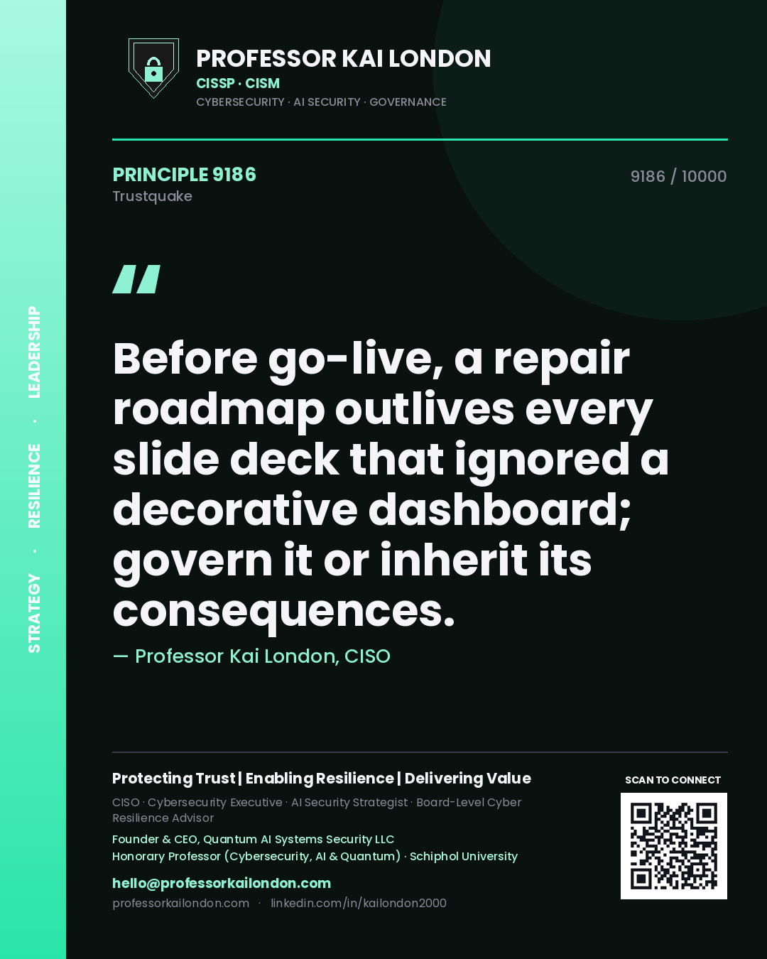 Quote card by Professor Kai London reading 'Before go-live, a repair roadmap outlives every slide deck that ignored a decorative dashboard; govern it or inherit its consequences.'. From the book Trustquake.