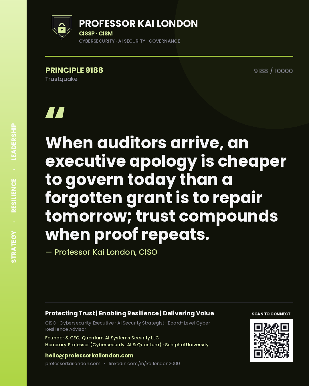 Quote card by Professor Kai London reading 'When auditors arrive, an executive apology is cheaper to govern today than a forgotten grant is to repair tomorrow; trust compounds when proof repeats.'. From the book Trustquake.