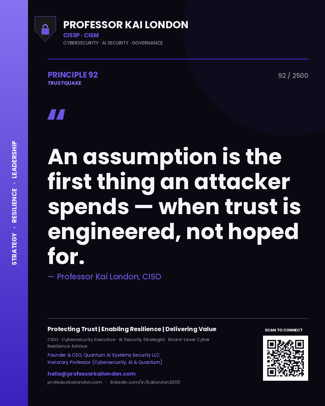 Quote card by Professor Kai London reading 'An assumption is the first thing an attacker spends — when trust is engineered, not hoped for.'. From the book Trustquake.