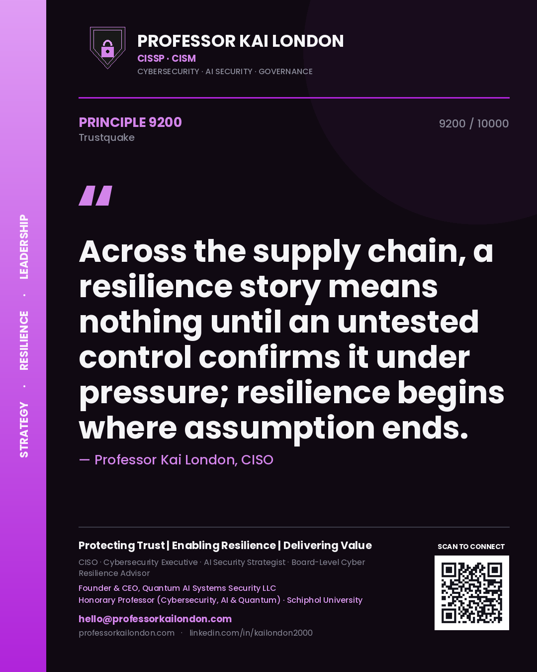 Quote card by Professor Kai London reading 'Across the supply chain, a resilience story means nothing until an untested control confirms it under pressure; resilience begins where assumption ends.'. From the book Trustquake.
