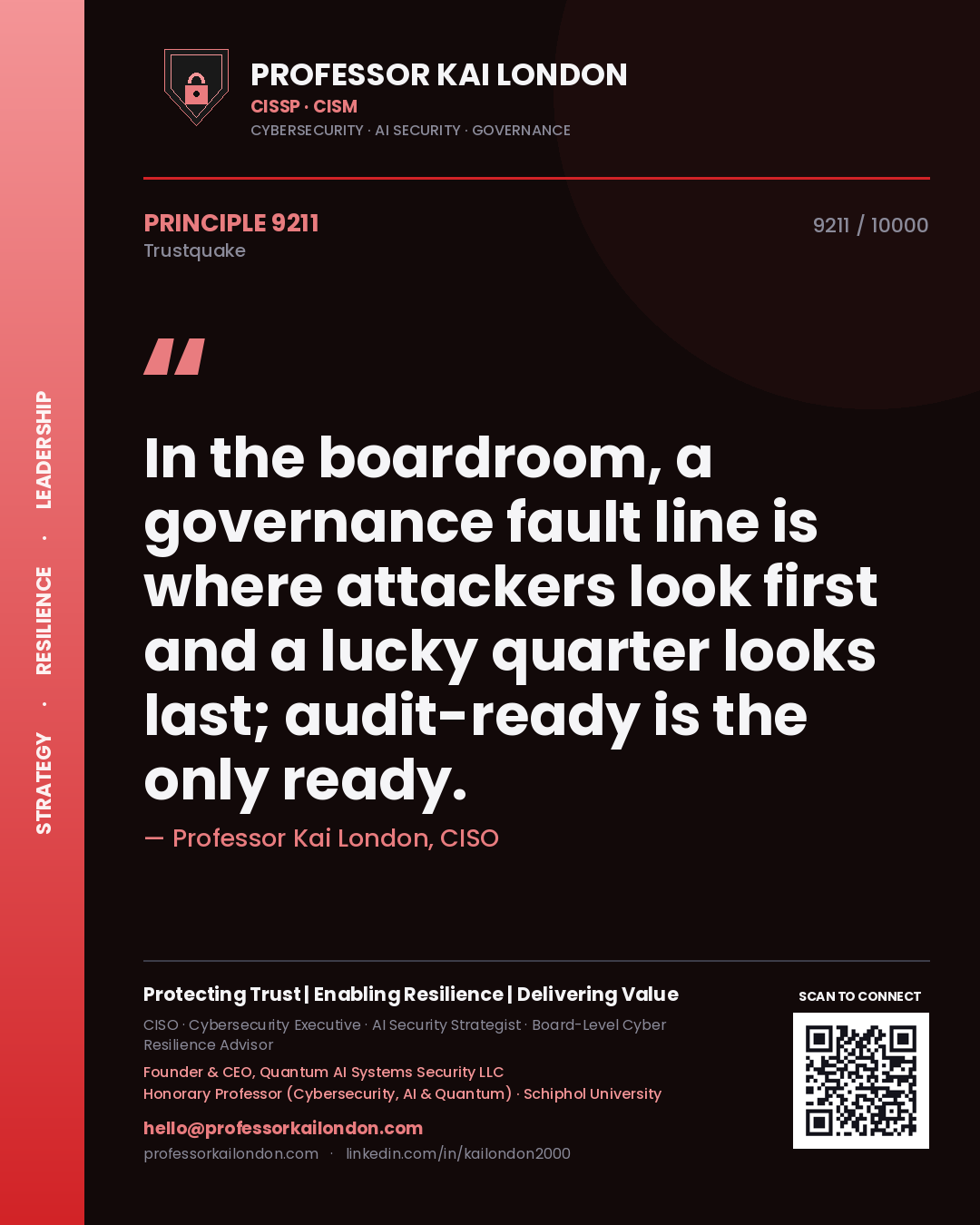Quote card by Professor Kai London reading 'In the boardroom, a governance fault line is where attackers look first and a lucky quarter looks last; audit-ready is the only ready.'. From the book Trustquake.