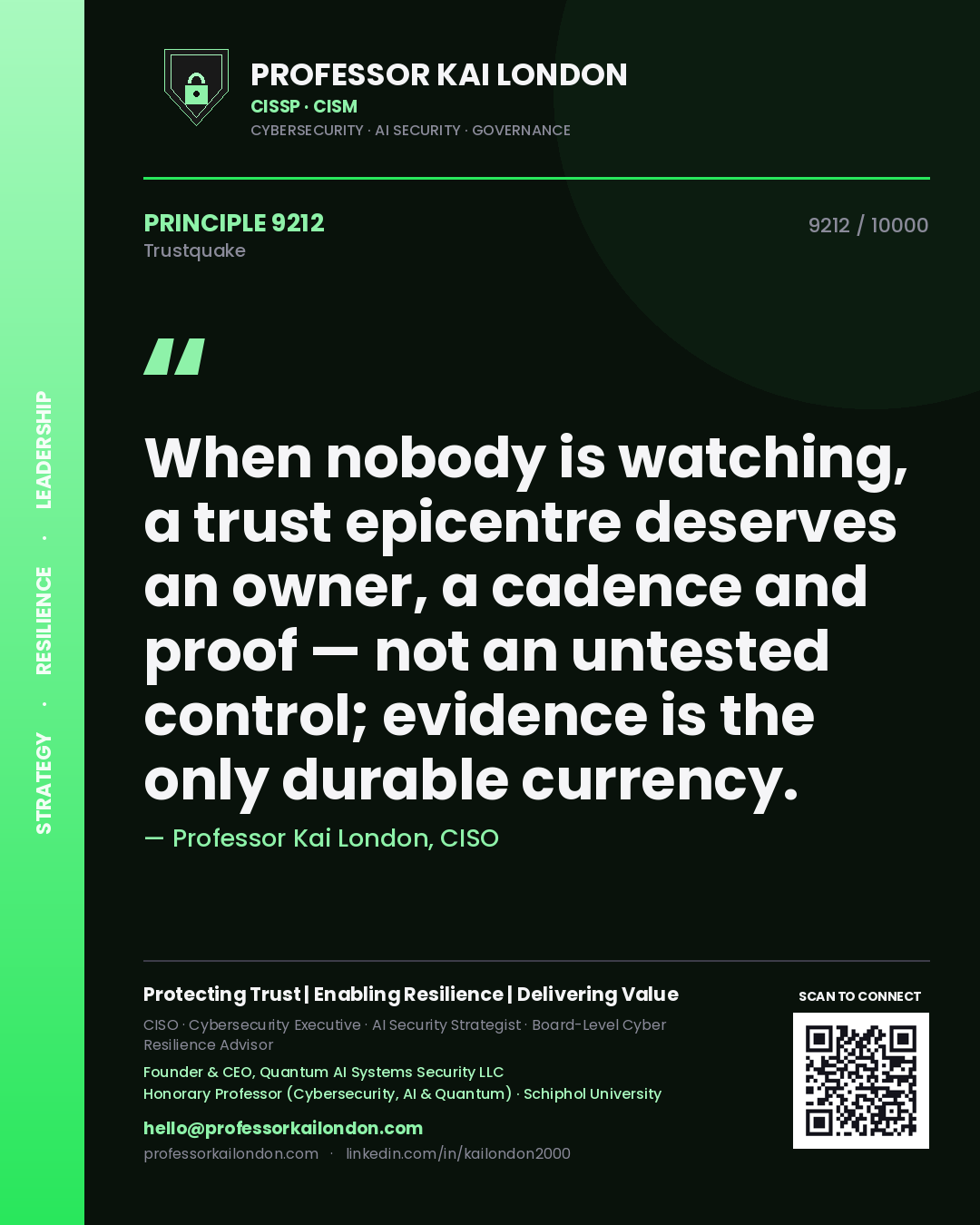 Quote card by Professor Kai London reading 'When nobody is watching, a trust epicentre deserves an owner, a cadence and proof — not an untested control; evidence is the only durable currency.'. From the book Trustquake.