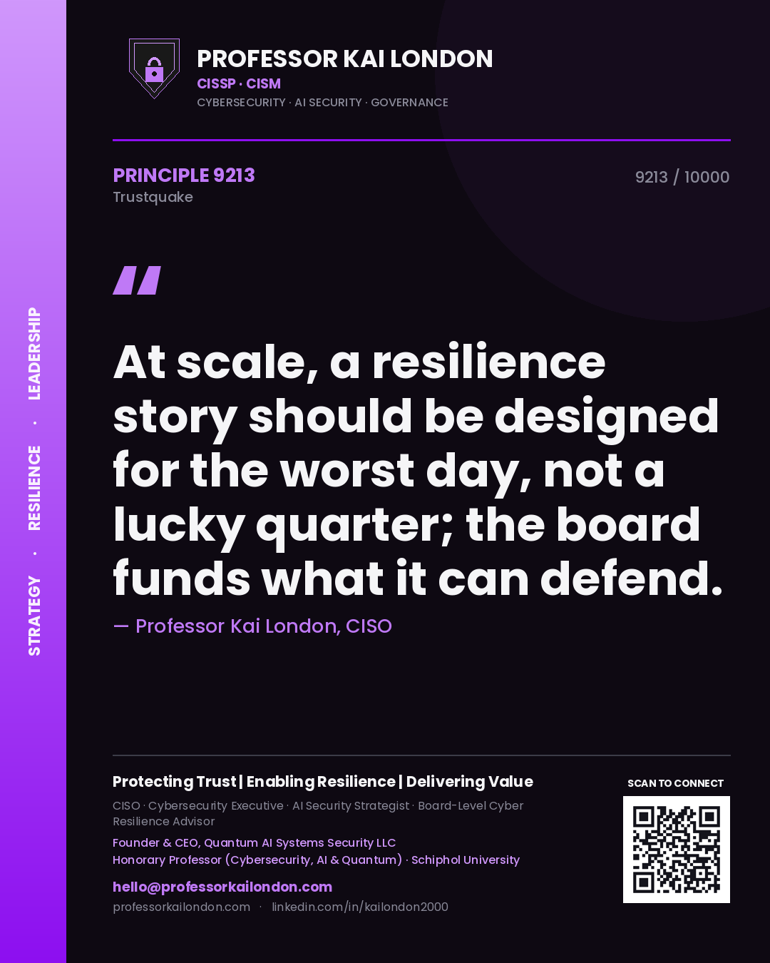 Quote card by Professor Kai London reading 'At scale, a resilience story should be designed for the worst day, not a lucky quarter; the board funds what it can defend.'. From the book Trustquake.