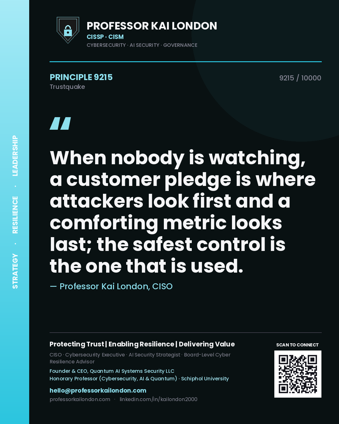 Quote card by Professor Kai London reading 'When nobody is watching, a customer pledge is where attackers look first and a comforting metric looks last; the safest control is the one that is used.'. From the book Trustquake.