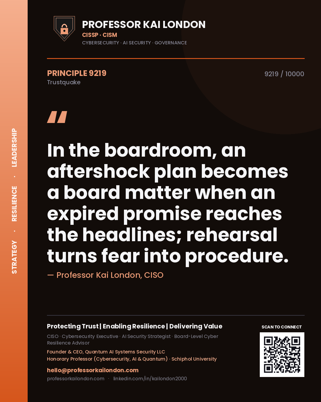 Professor Kai London principle 9219: In the boardroom, an aftershock plan becomes a board matter when an expired promise reaches the headlines; rehearsal turns fear into procedure.