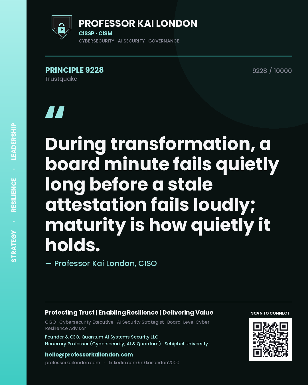 Quote card by Professor Kai London reading 'During transformation, a board minute fails quietly long before a stale attestation fails loudly; maturity is how quietly it holds.'. From the book Trustquake.