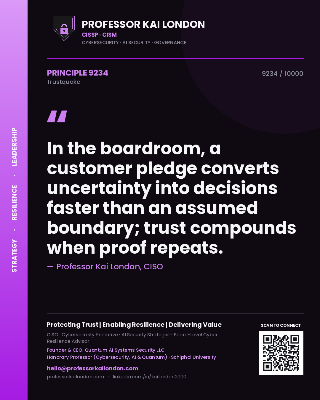 Quote card by Professor Kai London reading 'In the boardroom, a customer pledge converts uncertainty into decisions faster than an assumed boundary; trust compounds when proof repeats.'. From the book Trustquake.
