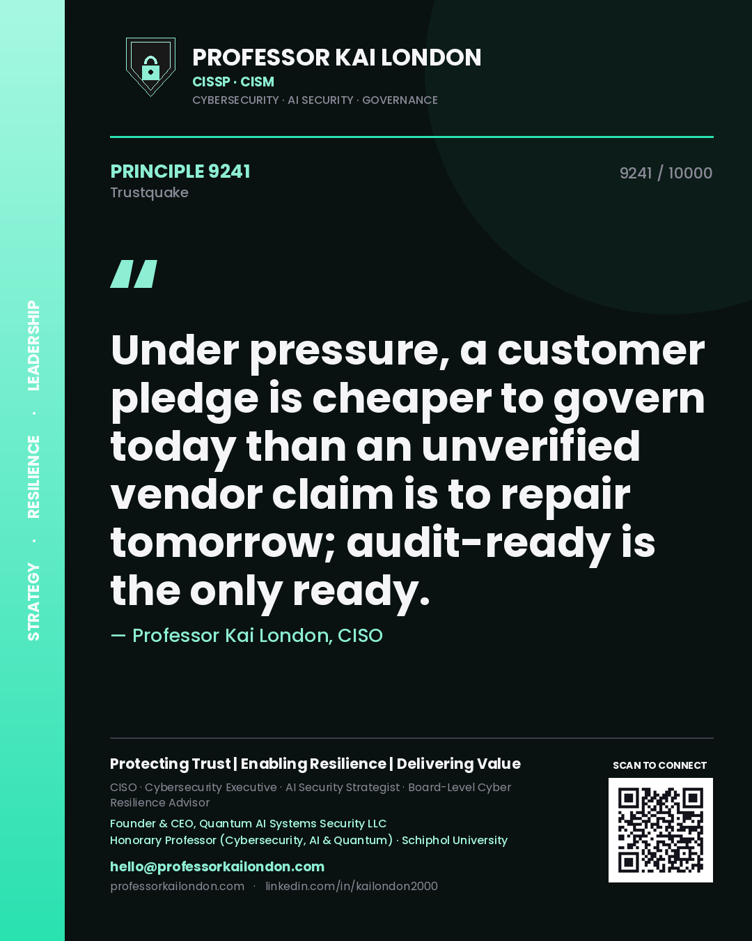 Professor Kai London principle 9241: Under pressure, a customer pledge is cheaper to govern today than an unverified vendor claim is to repair tomorrow; audit-ready is the only ready.