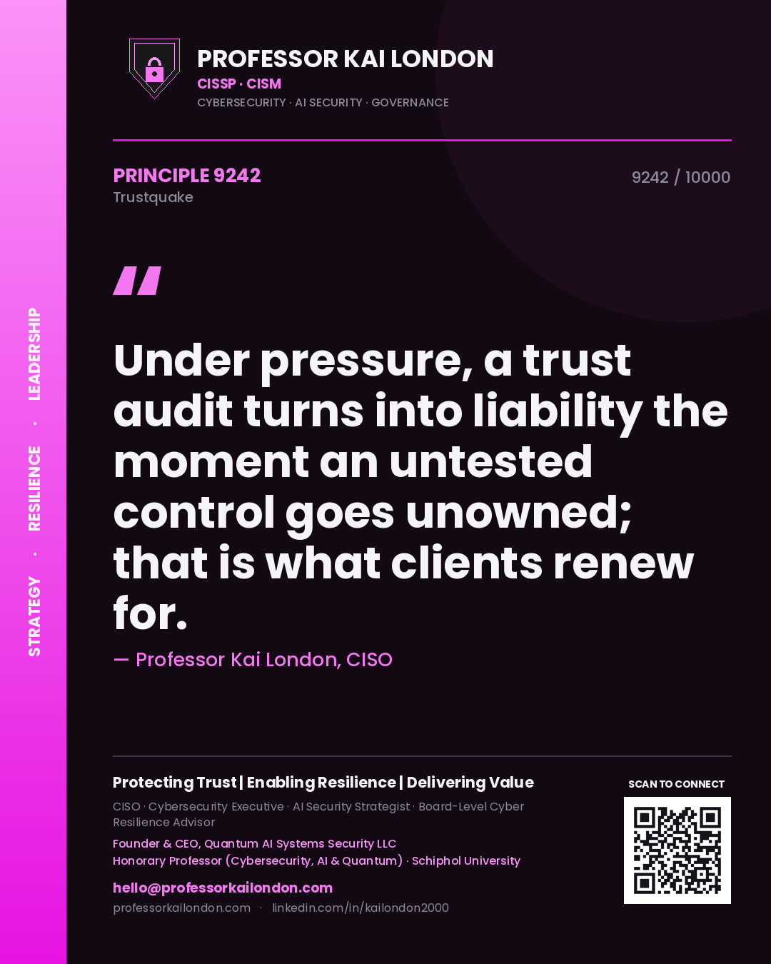 Quote card by Professor Kai London reading 'Under pressure, a trust audit turns into liability the moment an untested control goes unowned; that is what clients renew for.'. From the book Trustquake.