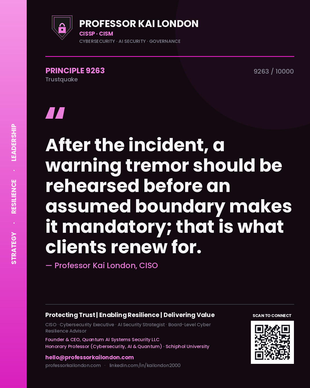 Quote card by Professor Kai London reading 'After the incident, a warning tremor should be rehearsed before an assumed boundary makes it mandatory; that is what clients renew for.'. From the book Trustquake.