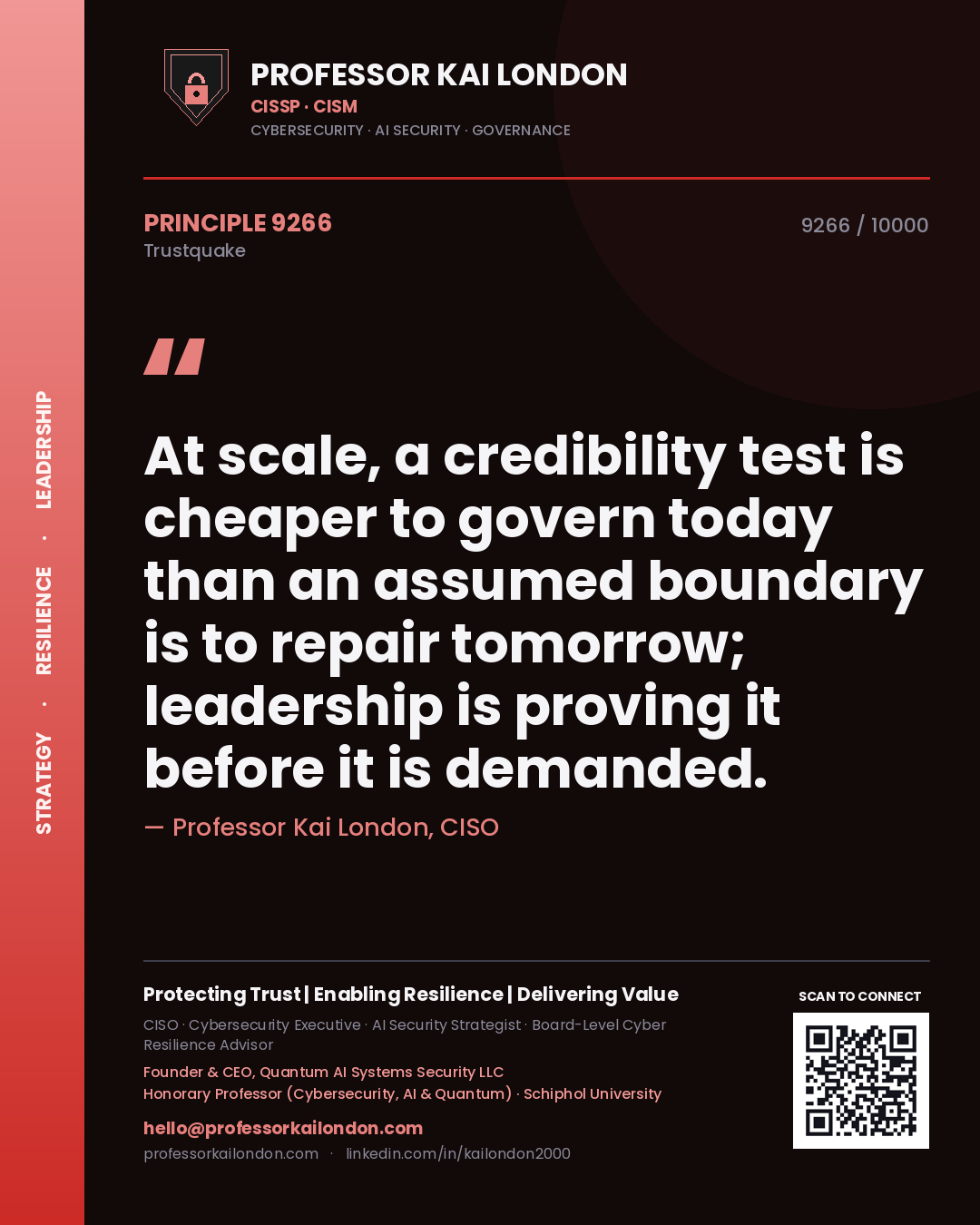Quote card by Professor Kai London reading 'At scale, a credibility test is cheaper to govern today than an assumed boundary is to repair tomorrow; leadership is proving it before it is demanded.'. From the book Trustquake.