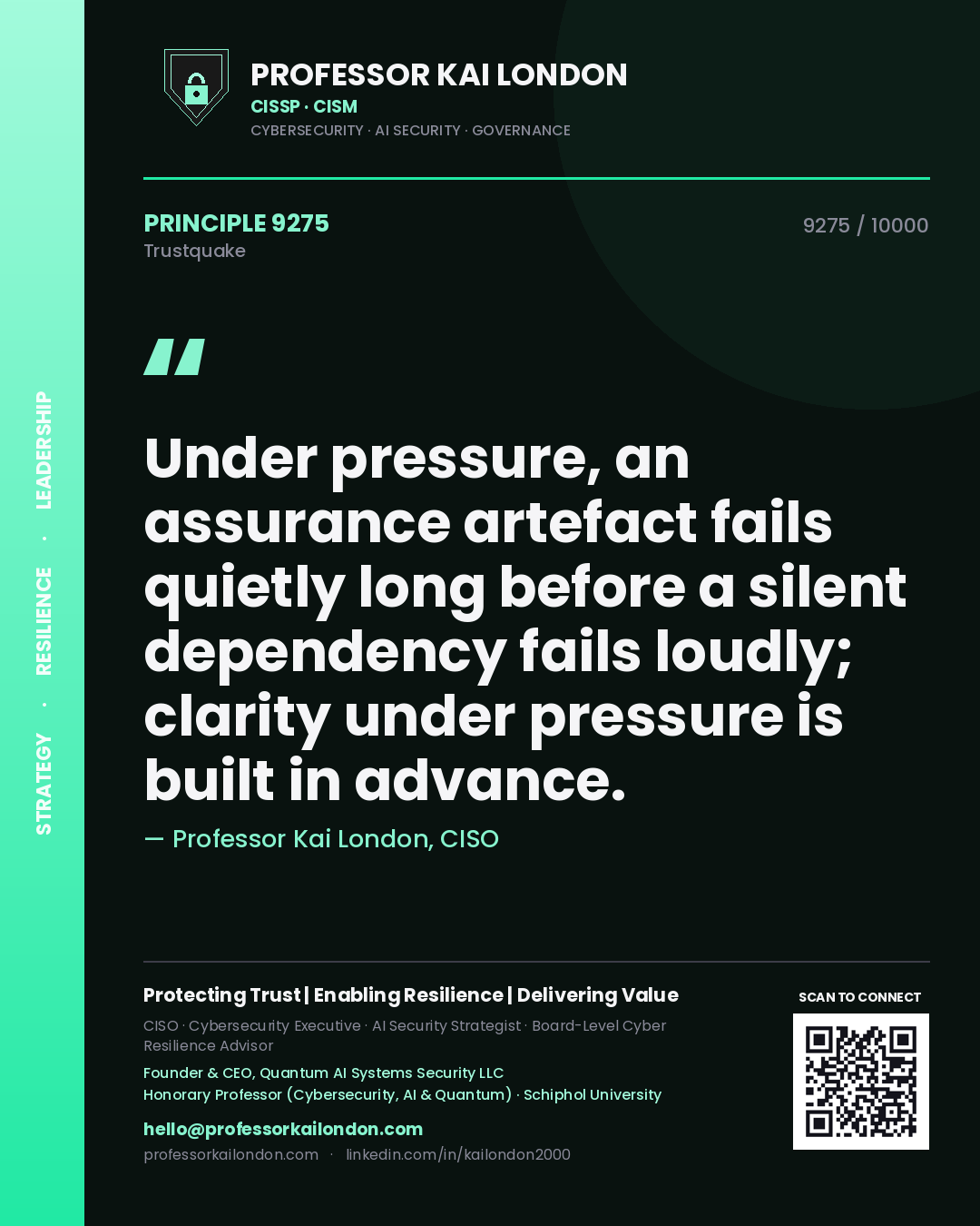 Professor Kai London principle 9275: Under pressure, an assurance artefact fails quietly long before a silent dependency fails loudly; clarity under pressure is built in advance.