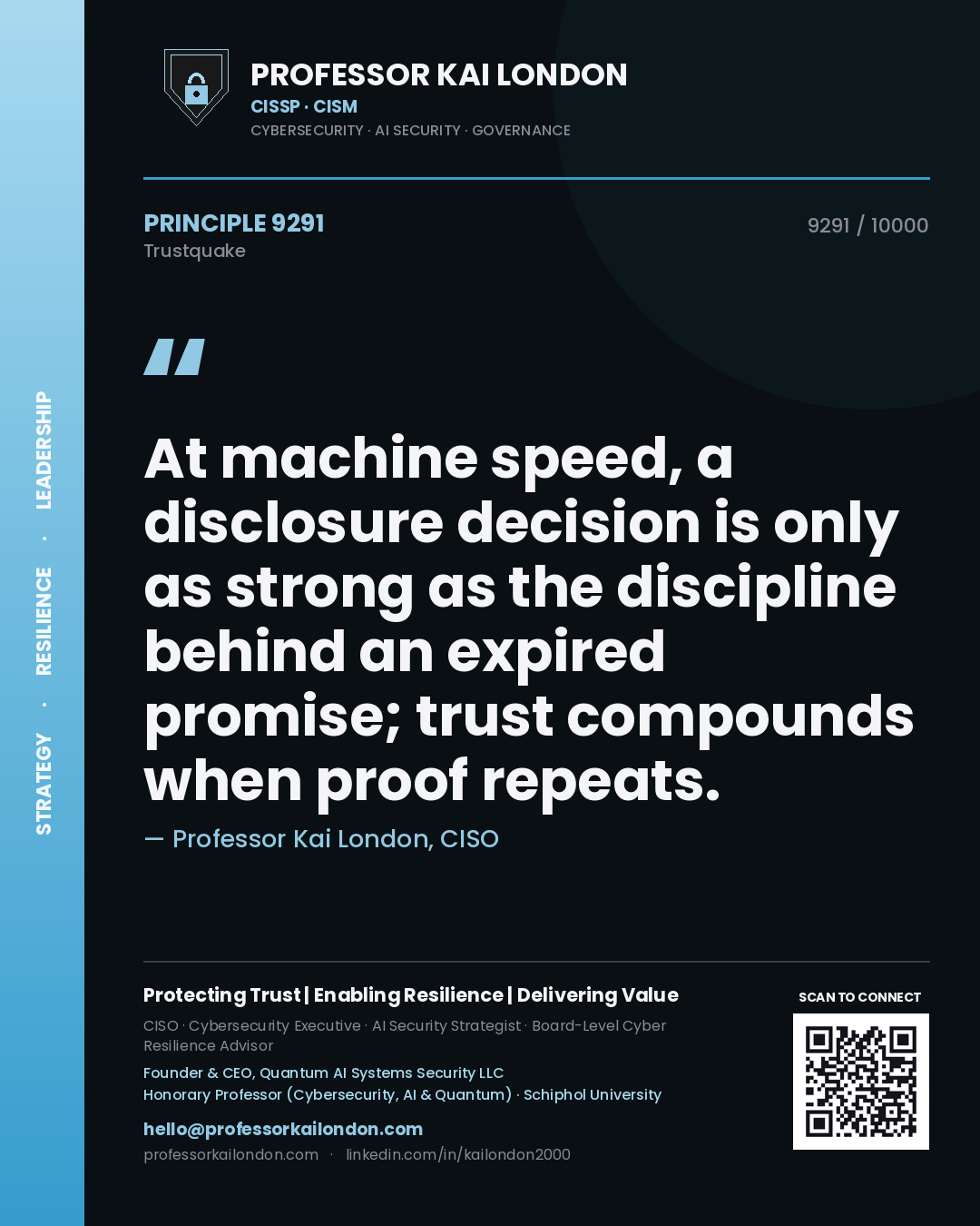 Quote card by Professor Kai London reading 'At machine speed, a disclosure decision is only as strong as the discipline behind an expired promise; trust compounds when proof repeats.'. From the book Trustquake.
