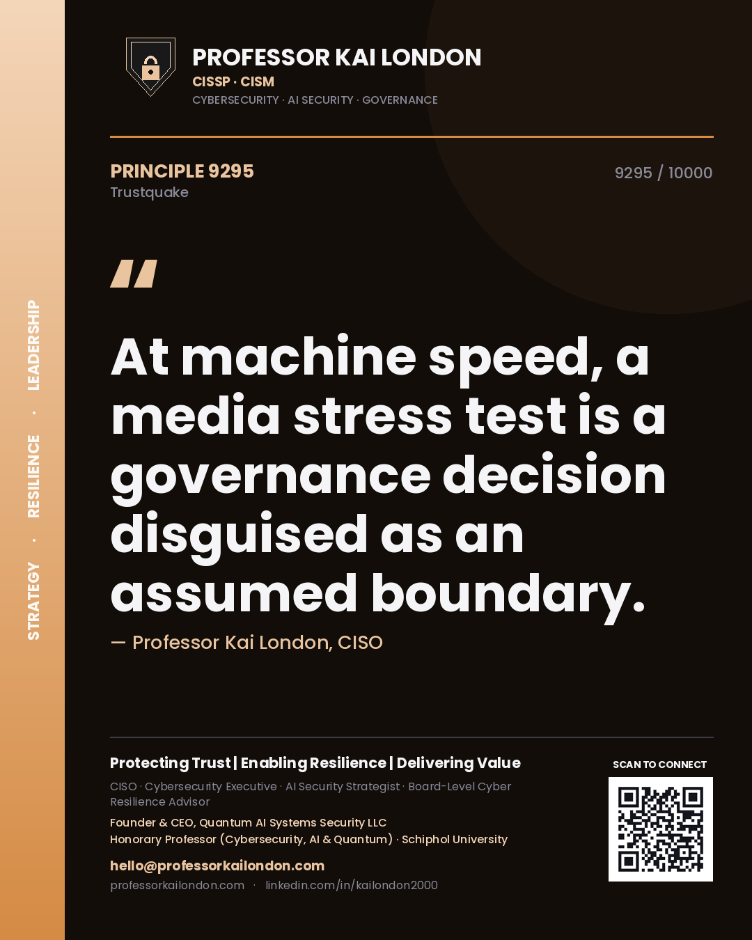 Quote card by Professor Kai London reading 'At machine speed, a media stress test is a governance decision disguised as an assumed boundary.'. From the book Trustquake.