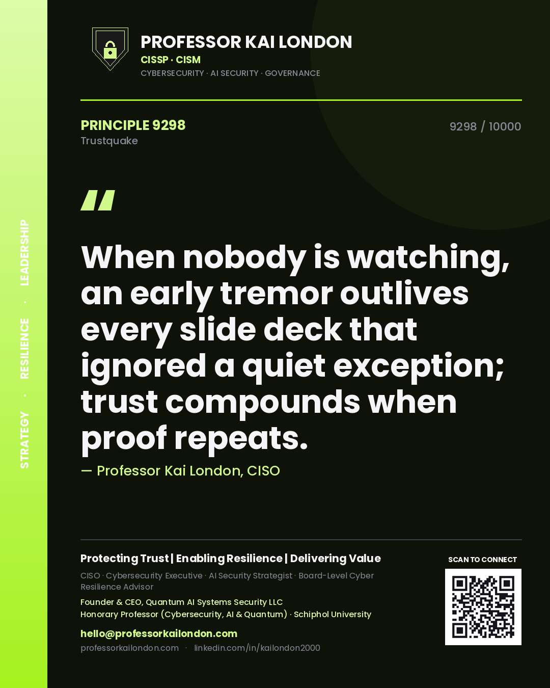 Quote card by Professor Kai London reading 'When nobody is watching, an early tremor outlives every slide deck that ignored a quiet exception; trust compounds when proof repeats.'. From the book Trustquake.