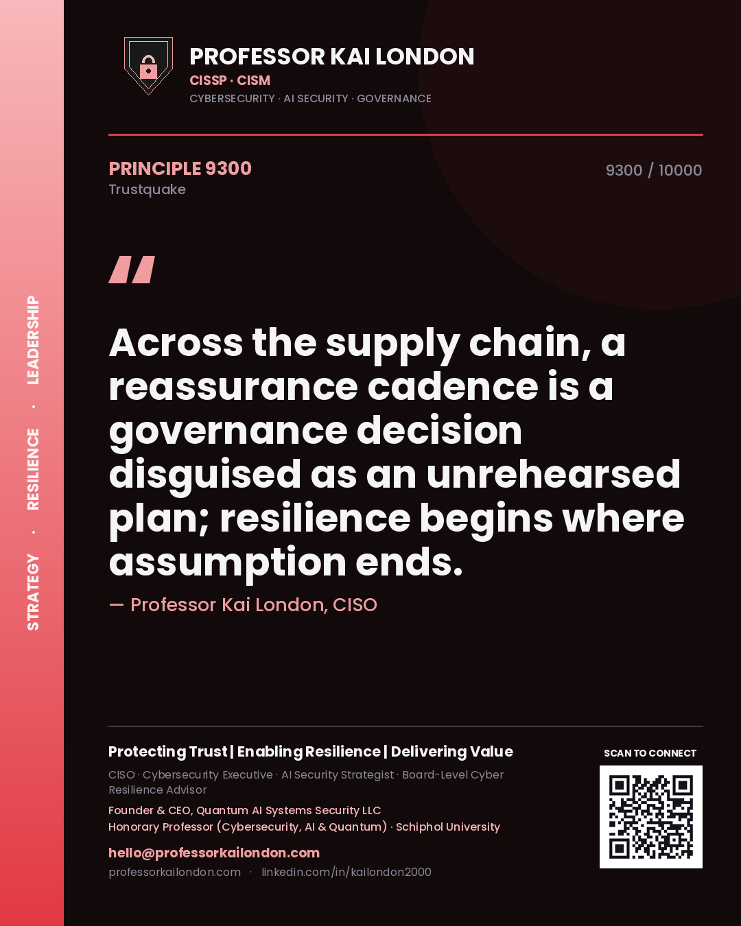 Professor Kai London principle 9300: Across the supply chain, a reassurance cadence is a governance decision disguised as an unrehearsed plan; resilience begins where assumption ends.