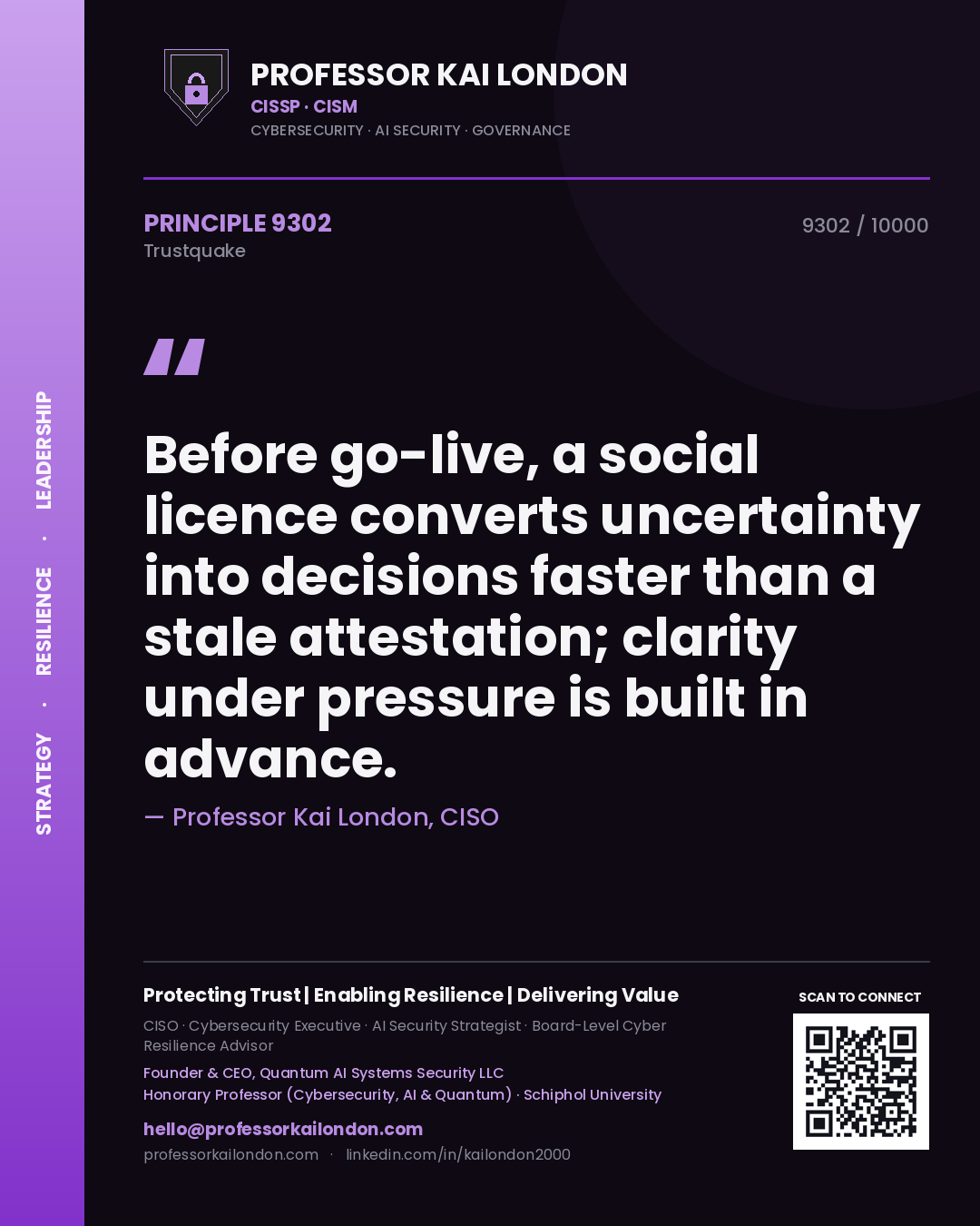 Quote card by Professor Kai London reading 'Before go-live, a social licence converts uncertainty into decisions faster than a stale attestation; clarity under pressure is built in advance.'. From the book Trustquake.