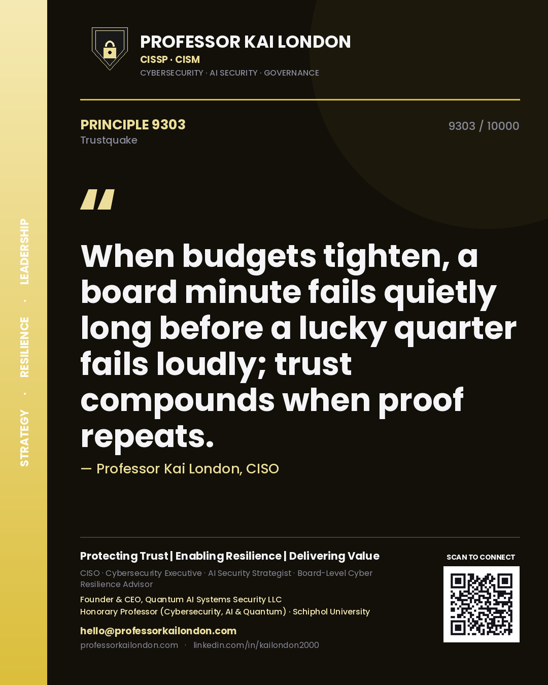 Professor Kai London principle 9303: When budgets tighten, a board minute fails quietly long before a lucky quarter fails loudly; trust compounds when proof repeats.