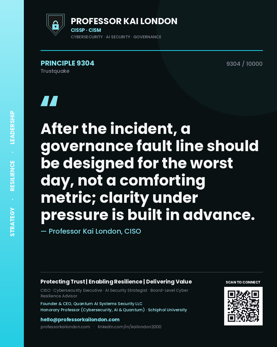 Professor Kai London principle 9304: After the incident, a governance fault line should be designed for the worst day, not a comforting metric; clarity under pressure is built in advance.
