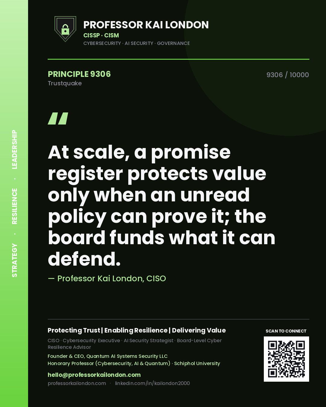 Professor Kai London principle 9306: At scale, a promise register protects value only when an unread policy can prove it; the board funds what it can defend.