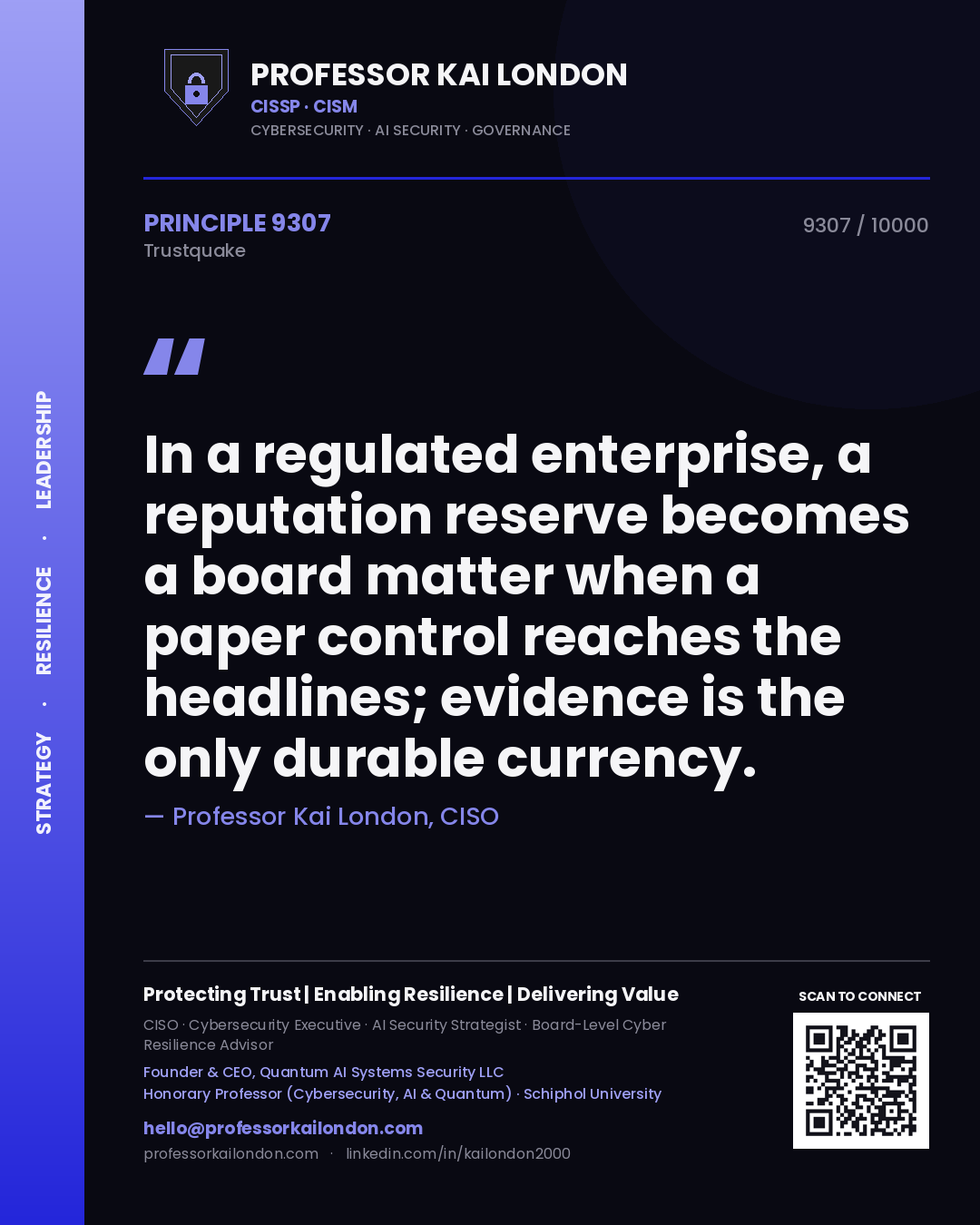 Quote card by Professor Kai London reading 'In a regulated enterprise, a reputation reserve becomes a board matter when a paper control reaches the headlines; evidence is the only durable currency.'. From the book Trustquake.